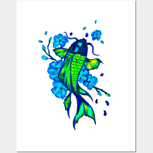 Green Koi Carp Blue Flowers Posters and Art